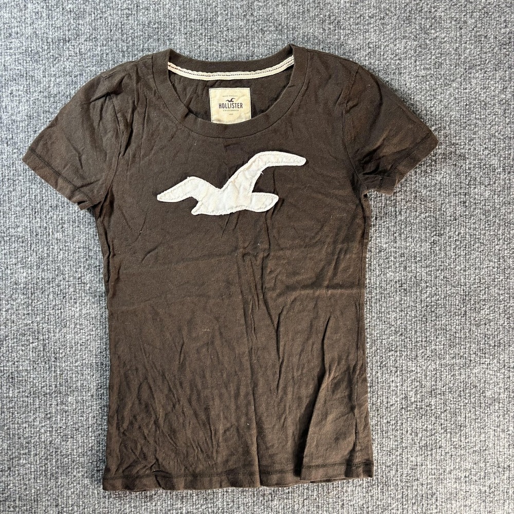 Hollister Shirt Womens Small Brown Crew Neck Short Sleeve Seagull Logo Tee